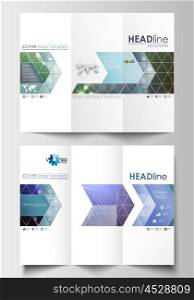 Tri-fold brochure business templates on both sides. Easy editable abstract layout in flat design. DNA molecule structure, science background. Scientific research, medical technology