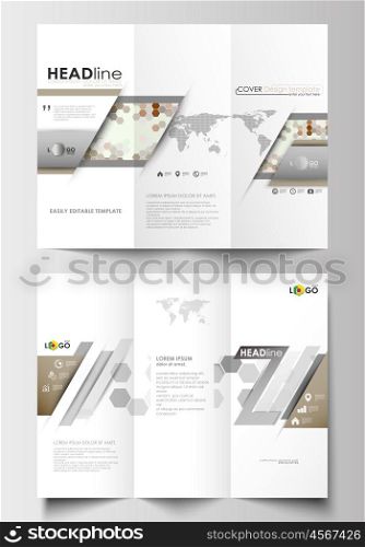 Tri-fold brochure business templates on both sides. Easy editable abstract layout in flat design. Abstract gray color business background, modern stylish hexagonal vector texture.