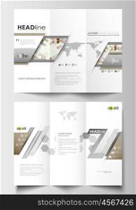 Tri-fold brochure business templates on both sides. Easy editable abstract layout in flat design. Abstract gray color business background, modern stylish hexagonal vector texture.