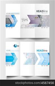 Tri-fold brochure business templates on both sides. Easy editable abstract layout in flat design. Molecule structure on blue background. Science healthcare background, medical vector.