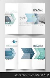 Tri-fold brochure business templates on both sides. Easy editable abstract layout in flat design. Abstract blue or gray business pattern with lines, modern stylish vector texture.