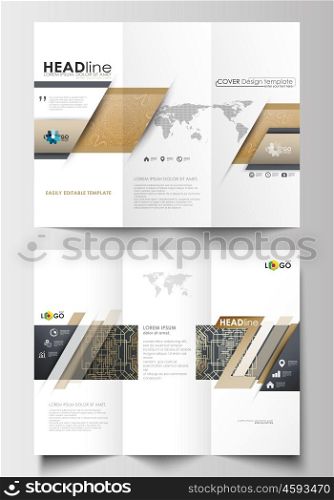 Tri-fold brochure business templates on both sides. Easy editable abstract layout in flat design. Golden technology background, connection structure with connecting dots and lines, science vector.