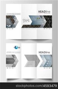 Tri-fold brochure business templates on both sides. Easy editable abstract layout in flat design. Abstract 3D construction and polygonal molecules on gray background, scientific technology vector.