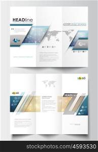 Tri-fold brochure business templates on both sides. Easy editable abstract layout in flat design. Christmas decoration, vector background with shiny snowflakes, stars.