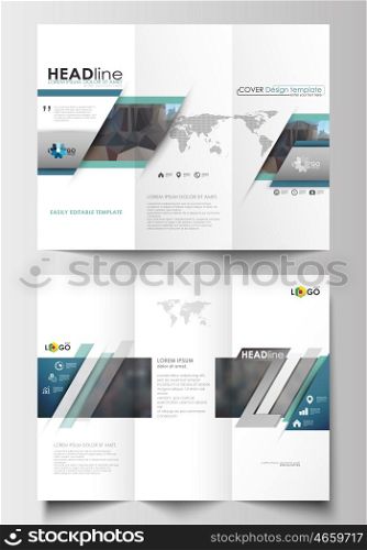 Tri-fold brochure business templates on both sides. Easy editable abstract layout in flat design. Abstract business background, blurred image, urban landscape, modern stylish vector.