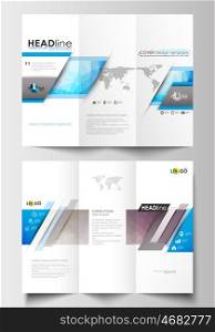 Tri-fold brochure business templates on both sides. Easy editable abstract layout in flat design. Abstract triangles, blue triangular background, colorful polygonal pattern.