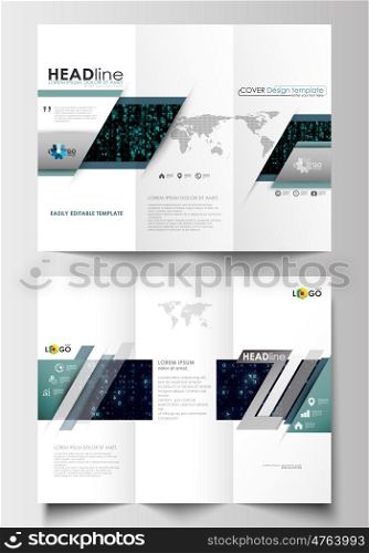 Tri-fold brochure business templates on both sides. Easy editable abstract layout in flat design. Virtual reality, color code streams glowing on screen, abstract technology background with symbols.