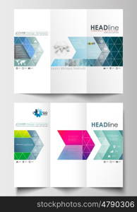 Tri-fold brochure business templates on both sides. Easy editable abstract layout in flat design. Abstract triangles, blue triangular background, modern colorful polygonal vector.