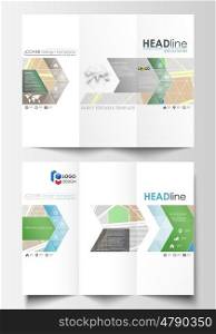 Tri-fold brochure business templates on both sides. Easy editable abstract layout in flat design. City map with streets. Flat design template for tourism businesses, abstract vector illustration.