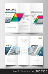 Tri-fold brochure business templates on both sides. Easy editable abstract layout in flat design. Abstract triangles, blue triangular background, modern colorful polygonal vector.