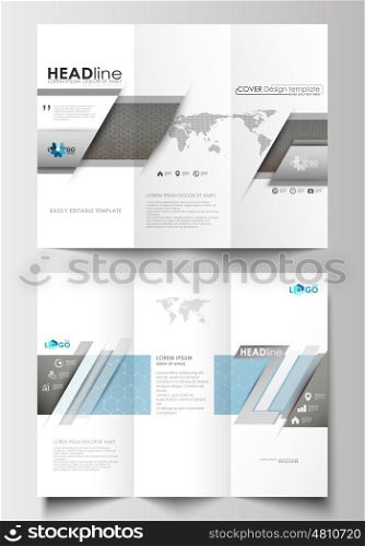 Tri-fold brochure business templates on both sides. Easy editable abstract layout in flat design. Scientific medical research, chemistry pattern, hexagonal design molecule structure, science vector background.