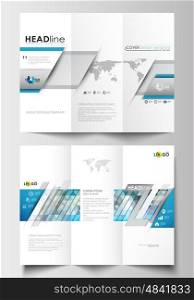 Tri-fold brochure business templates on both sides. Easy editable abstract layout in flat design. Abstract triangles, blue and gray triangular background, modern colorful polygonal vector.