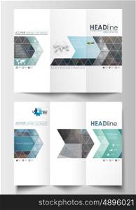 Tri-fold brochure business templates on both sides. Easy editable abstract layout in flat design. Abstract business background, blurred image, urban landscape, modern stylish vector.