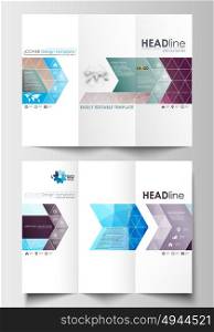 Tri-fold brochure business templates on both sides. Easy editable layout in flat design. Abstract triangles, blue triangular background, colorful polygonal pattern.. Tri-fold brochure business templates on both sides. Easy editable abstract layout in flat design. Abstract triangles, blue triangular background, colorful polygonal pattern.