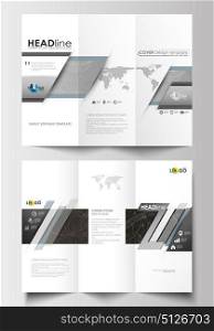 Tri-fold brochure business templates on both sides. Easy editable layout in flat design. Abstract 3D construction and polygonal molecules, gray background, scientific technology vector.. Tri-fold brochure business templates on both sides. Easy editable abstract layout in flat design. Abstract 3D construction and polygonal molecules on gray background, scientific technology vector.