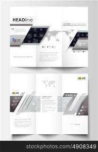 Tri-fold brochure business templates on both sides. Easy editable layouts. High tech design, connecting system. Science and technology concept. Futuristic abstract vector background.. Tri-fold brochure business templates on both sides. Easy editable layouts. High tech design, connecting system. Science and technology concept. Futuristic abstract vector background