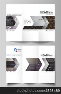 Tri-fold brochure business templates on both sides. Easy editable vector layout in flat design. Dark color triangles and colorful circles. Abstract polygonal style modern background.. Tri-fold brochure business templates on both sides. Easy editable abstract vector layout in flat design. Dark color triangles and colorful circles. Abstract polygonal style modern background.