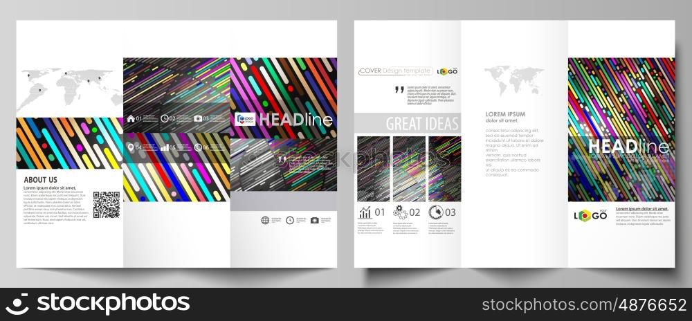 Tri-fold brochure business templates on both sides. Easy editable vector layout in flat design. Colorful background made of stripes. Abstract tubes and dots. Glowing multicolored texture.. Tri-fold brochure business templates on both sides. Easy editable abstract vector layout in flat design. Colorful background made of stripes. Abstract tubes and dots. Glowing multicolored texture.