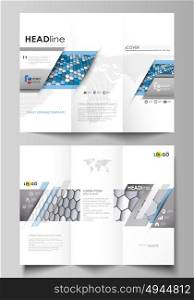 Tri-fold brochure business templates on both sides. Easy editable vector layout in flat design. Blue and gray color hexagons in perspective. Abstract polygonal style modern background.. Tri-fold brochure business templates on both sides. Easy editable abstract vector layout in flat design. Blue and gray color hexagons in perspective. Abstract polygonal style modern background.