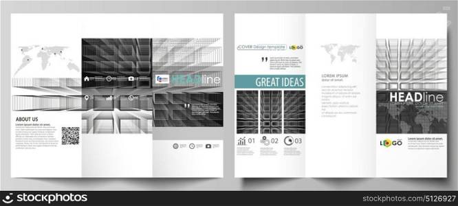 Tri-fold brochure business templates on both sides. Easy editable vector layout in flat design. Abstract infinity background, 3d structure with rectangles forming illusion of depth and perspective.. Tri-fold brochure business templates on both sides. Easy editable abstract vector layout in flat design. Abstract infinity background, 3d structure with rectangles forming illusion of depth and perspective.