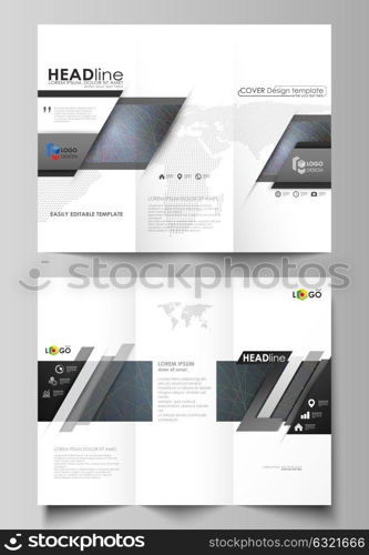 Tri-fold brochure business templates on both sides. Easy editable vector layout in flat design. Dark background with abstract lines. Bright color chaotic, random, messy curves. Colourful decoration.. Tri-fold brochure business templates on both sides. Easy editable abstract vector layout in flat design. Colorful dark background with abstract lines. Bright color chaotic, random, messy curves. Colourful vector decoration.