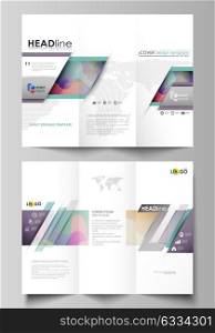 Tri-fold brochure business templates on both sides. Easy editable vector layout in flat style. Bright color pattern, colorful design with overlapping shapes forming abstract beautiful background.. Tri-fold brochure business templates on both sides. Easy editable abstract layout in flat design, vector illustration. Bright color pattern, colorful design with overlapping shapes forming abstract beautiful background.