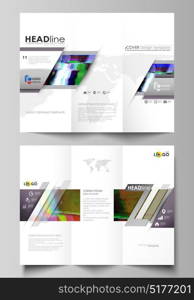 Tri-fold brochure business templates on both sides. Editable abstract vector layout in flat design. Glitched background made of colorful pixel mosaic. Digital decay, signal error, television fail. Tri-fold brochure business templates on both sides. Easy editable abstract vector layout in flat design. Glitched background made of colorful pixel mosaic. Digital decay, signal error, television fail