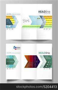 Tri-fold brochure business templates on both sides. Vector layout, flat style. Bright color rectangles, colorful design, overlapping geometric rectangular shapes forming abstract beautiful background. Tri-fold brochure business templates on both sides. Easy editable abstract layout in flat design, vector illustration. Bright color rectangles, colorful design, overlapping geometric rectangular shapes forming abstract beautiful background