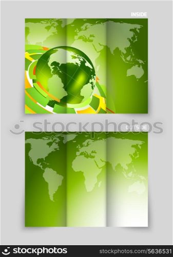 Tri-fold brochure design with globe and maps in green color