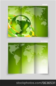 Tri-fold brochure design with globe and maps in green color