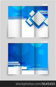 Tri-fold brochure template design with blue straight lines and squares
