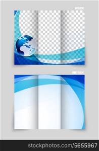 Tri-fold brochure template design with globe and blue wave
