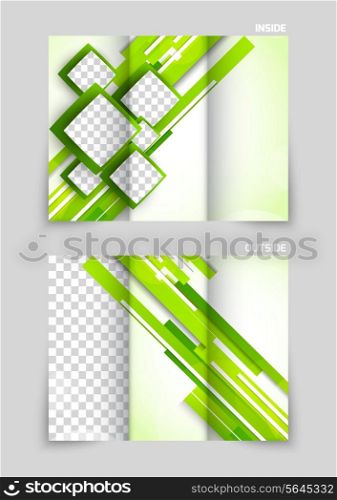Tri-fold brochure template design with green straight lines and squares