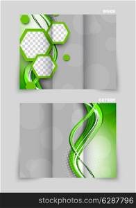 Tri-fold brochure template design with waves and hexagons