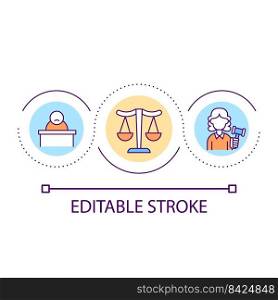 Trial procedure loop concept icon. Conviction of crime. Prosecution and arrest. Judiciary law abstract idea thin line illustration. Isolated outline drawing. Editable stroke. Arial font used. Trial procedure loop concept icon