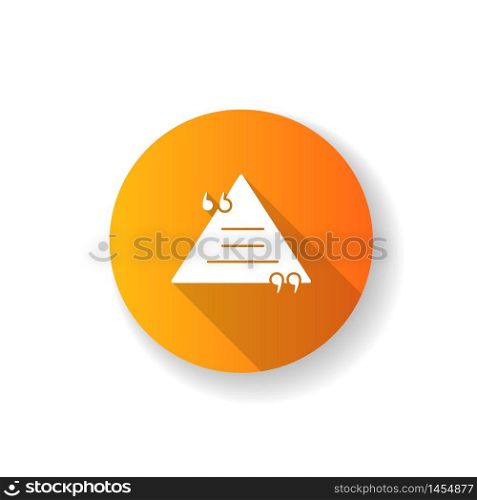 Triangle chat bubble with quotes orange flat design long shadow glyph icon. Empty box for direct speech. Blank dialogue form with quotation marks. Silhouette RGB color illustration. Triangle chat bubble with quotes orange flat design long shadow glyph icon
