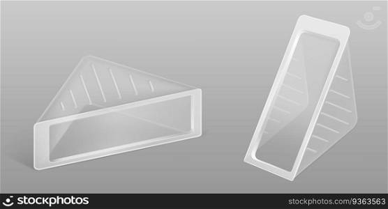 Triangle clear plastic pack for sandwich, cheese. Vector mockup with realistic transparent packaging box for takeaway breakfast, lunch, snack. Triangle clear plastic pack for sandwich, cheese