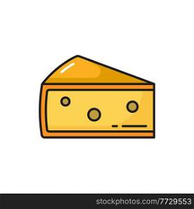 Triangle of Swiss cheese isolated dairy food flat line icon. Vector holland appetizer dietary food product. Traditional italian or french, Switzerland national snack. Gourmet cheese with holes. Swiss cheese cut triangle isolated milky food icon