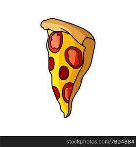 Triangle piece of pizza with tomatoes and cheese isolated. Vector Italian cuisine food, slice of pepperoni. Slice of cheese pepperoni pizza isolated fastfood