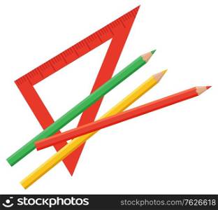Triangle ruler for measurement length of figures and elements. Also straightedge for drawing straight lines using pencils beside. People use it all in architecting and geometry. Ruler for Measurement Length and Pencils to Draw