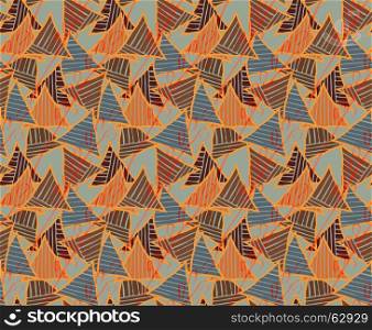 Triangles blue and brown striped.Hand drawn with ink seamless background.Creative handmade repainting design for fabric or textile.Geometric pattern with triangles.Vintage retro colors