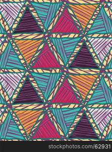 Triangles blue pink striped on texture.Hand drawn with ink seamless background.Creative handmade repainting design for fabric or textile.Geometric pattern with triangles.Vintage retro colors