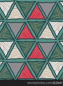 Triangles red green striped on mint.Hand drawn with ink seamless background.Creative handmade repainting design for fabric or textile.Geometric pattern with triangles.Vintage retro colors