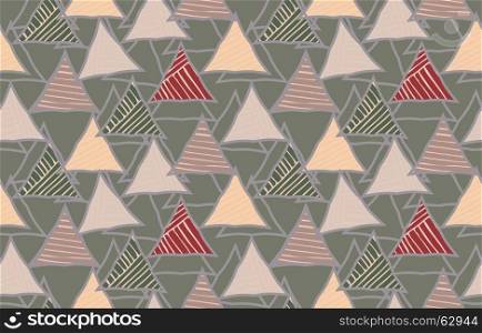 Triangles striped diagonal green with grid.Hand drawn with ink seamless background.Creative handmade repainting design for fabric or textile.Geometric pattern with triangles.Vintage retro colors