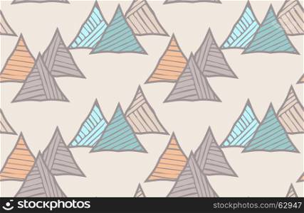 Triangles striped diagonal light.Hand drawn with ink seamless background.Creative handmade repainting design for fabric or textile.Geometric pattern with triangles.Vintage retro colors