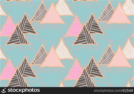 Triangles striped diagonal on blue.Hand drawn with ink seamless background.Creative handmade repainting design for fabric or textile.Geometric pattern with triangles.Vintage retro colors