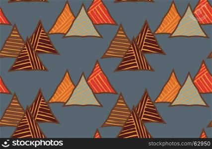 Triangles striped diagonal on gray.Hand drawn with ink seamless background.Creative handmade repainting design for fabric or textile.Geometric pattern with triangles.Vintage retro colors