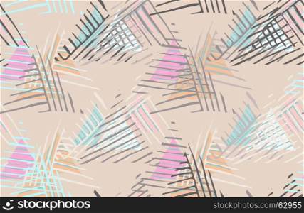 Triangles striped diagonal overlapping.Hand drawn with ink seamless background.Creative handmade repainting design for fabric or textile.Geometric pattern with triangles.Vintage retro colors