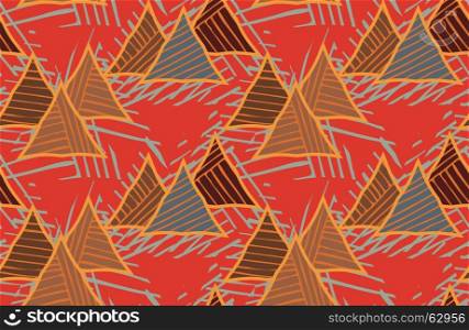Triangles striped diagonal red.Hand drawn with ink seamless background.Creative handmade repainting design for fabric or textile.Geometric pattern with triangles.Vintage retro colors