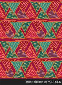 Triangles striped red and green.Hand drawn with ink seamless background.Creative handmade repainting design for fabric or textile.Geometric pattern with triangles.Vintage retro colors